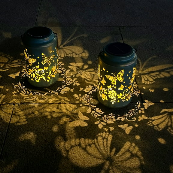 COCOBELA 2 Pack Butterfly Solar Lanterns Outdoor Hanging Metal Decorations Waterproof with LED Light, Landscape Lights for Garden Patio Yard Lawn Backyard Front Porch Gifts for Mom Grandma
