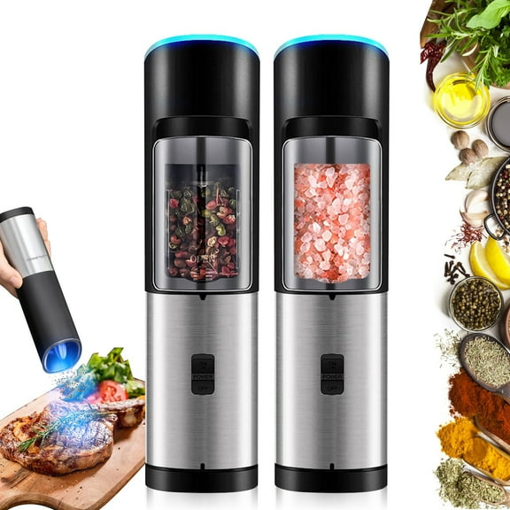 COCOBELA 2 Pack Electric Salt and Pepper Grinder Set Battery Operated Auto Mill, Stainless Steel Automatic Shaker with Light,One Hand Automatic Operation,Black