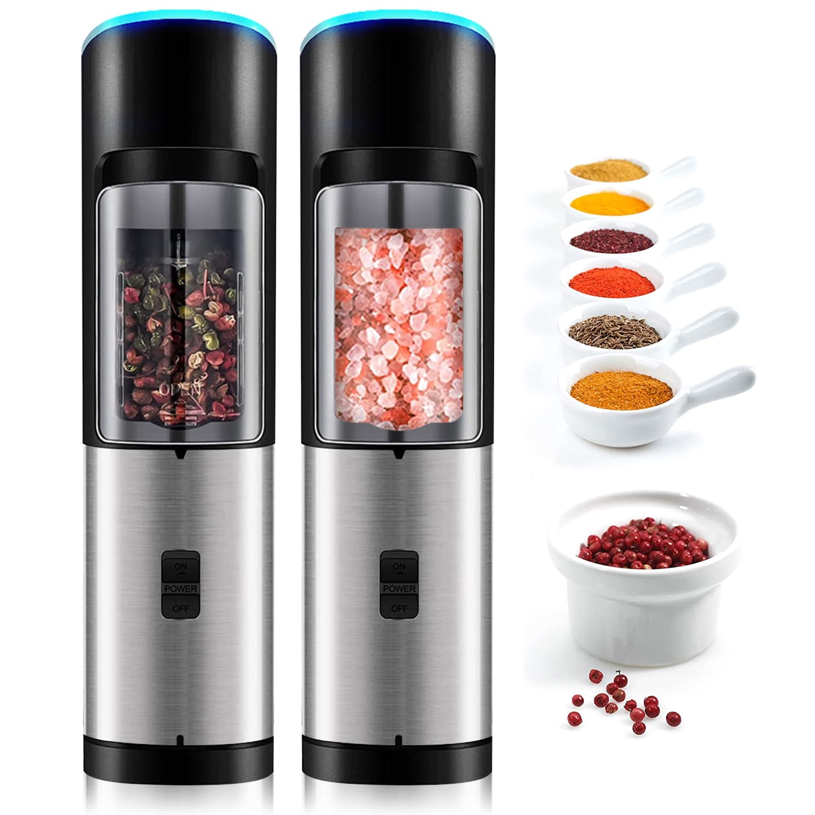 COCOBELA 2 Pack Electric Spice Salt Pepper Mill Grinder Stainless Steel  Muller Adjustable Coarseness, Battery Powered with LED Light, One Hand  Automatic Operation 