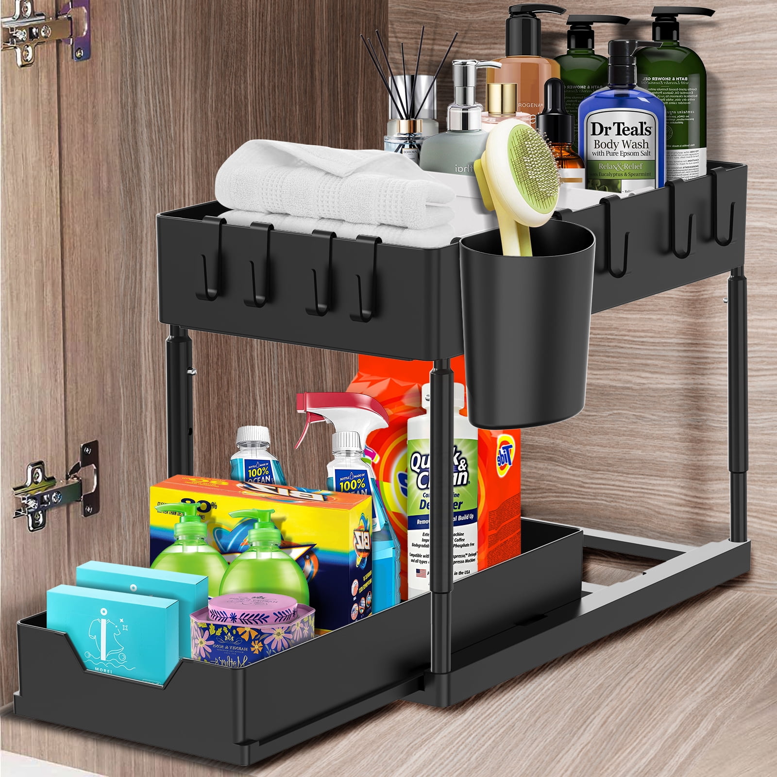Storagebud 2 Tier Non-Slip Grip Kitchen Under Sink Organizer - Bathroom Cabinet Organizer with Utility Hooks and Side Caddy - 1 Pack - White