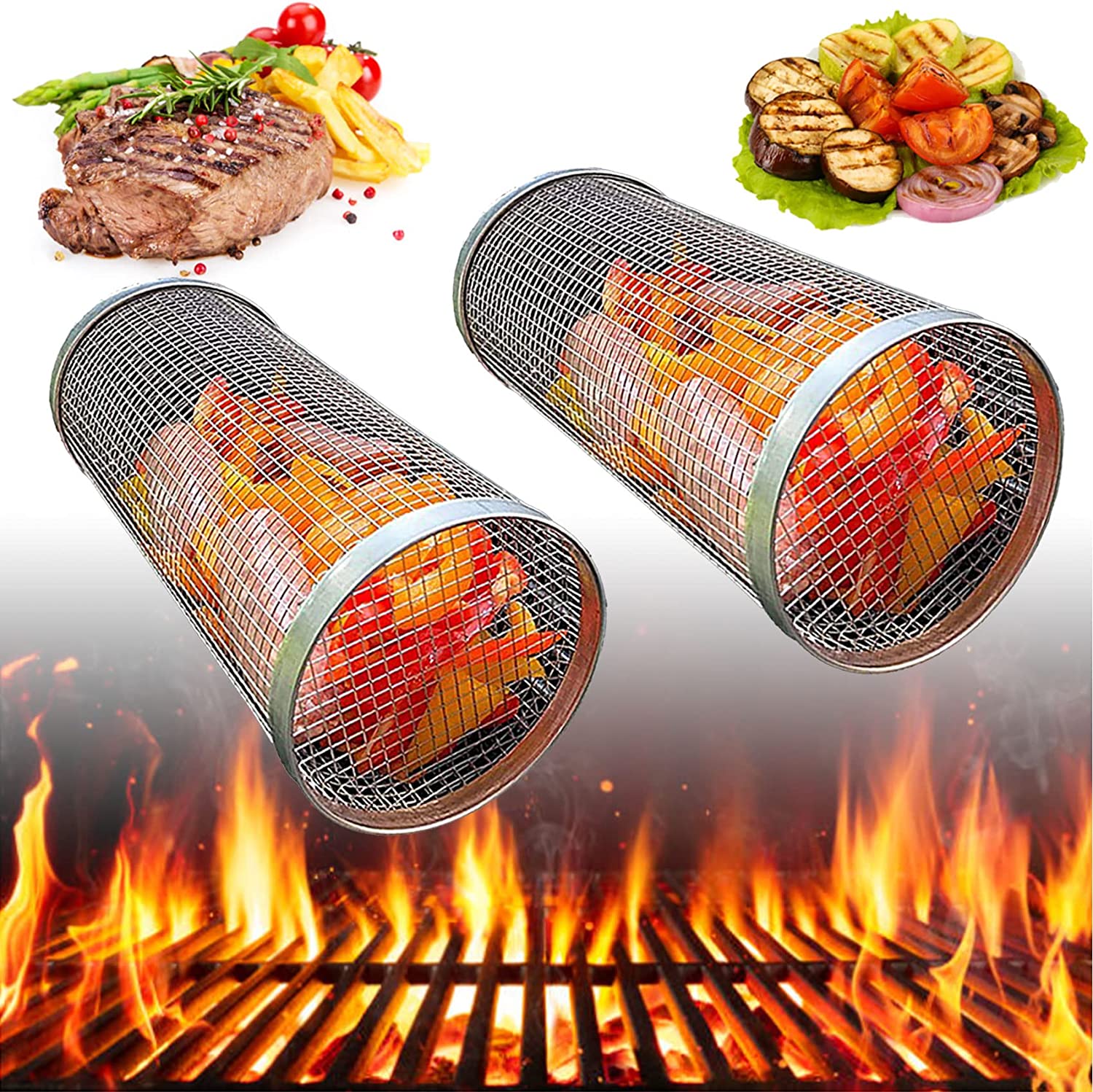 Rolling Grill Basket, Stainless Steel Cylinder Grill Basket, Portable