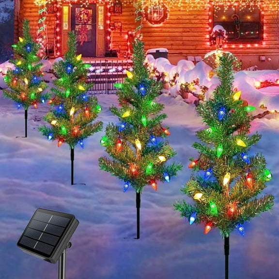COCOBELA 4 Set Solar Christmas Tree 80pcs Multicolor LED Christmas Lights for Outdoor Christmas Decorations,Solar Powered Prelit Small Christmas Tree for Outside Pathway Garden Yard Decor