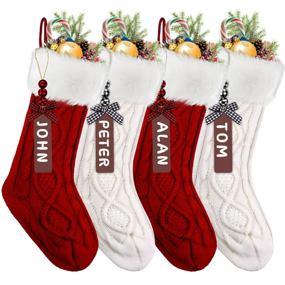 COCOBELA 4PACK Christmas Stockings,18Inches Large Cable Knitted Stocking Personalized Xmas Hanging Stocking Decorations with Name Tags for Holiday Christmas Party Family Decor