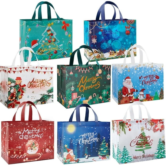 COCOBELA 8 Pack Christmas Large Gift Bags with Handles, Non-Woven Tote Bags for Wrapping Xmas Party Favors, 12.8"x9.8"x6.7