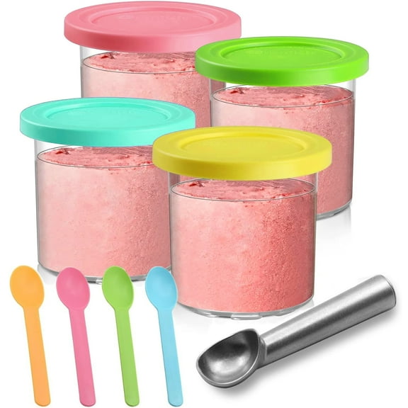URRU Containers Replacement for Ninja Creami Pints and Lids - 4 Pack, 16oz Cups Compatible with NC301 NC300 NC299AMZ Series Ice Cream Maker - Dishwasher Safe