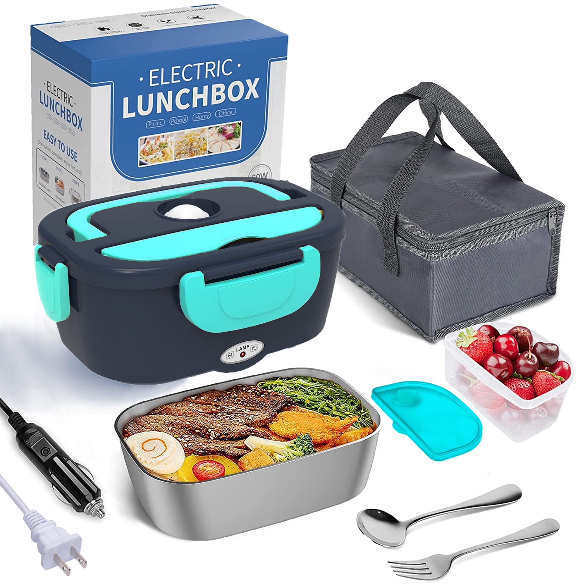 AsFrost Electric Lunch Box for Car/Truck Home/Work, 12V 24V 110V Faster Portable Food Warmer Heated Lunch Box for Adults, Removable 304 Stainless