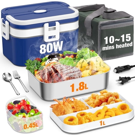 AsFrost Electric Lunch Box Food Heater 80W, 4 in 1 Ultra Quick Heated Lunch Boxes for Adults 12V/24V/110V/220V Portable Food Warmer for Car/Truck/Office With Fork Spoon and Insulated Carry Bag