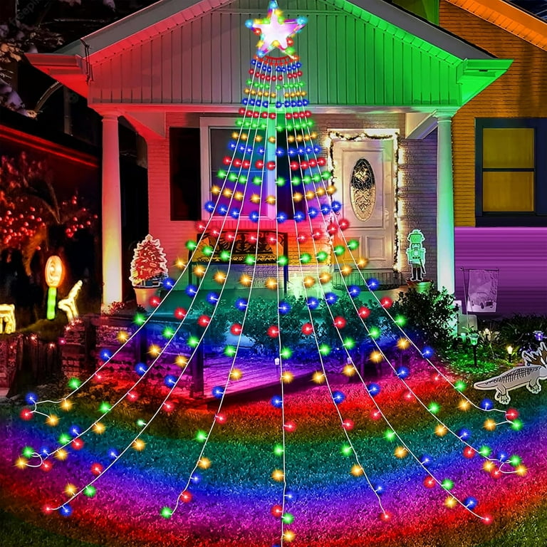 COCOBELA Outdoor Christmas Decorations Multicolor Waterfall Lights 298 LED 8 Modes Tree Light Gift Plug In Clear Wire Waterproof Patio Light Decor