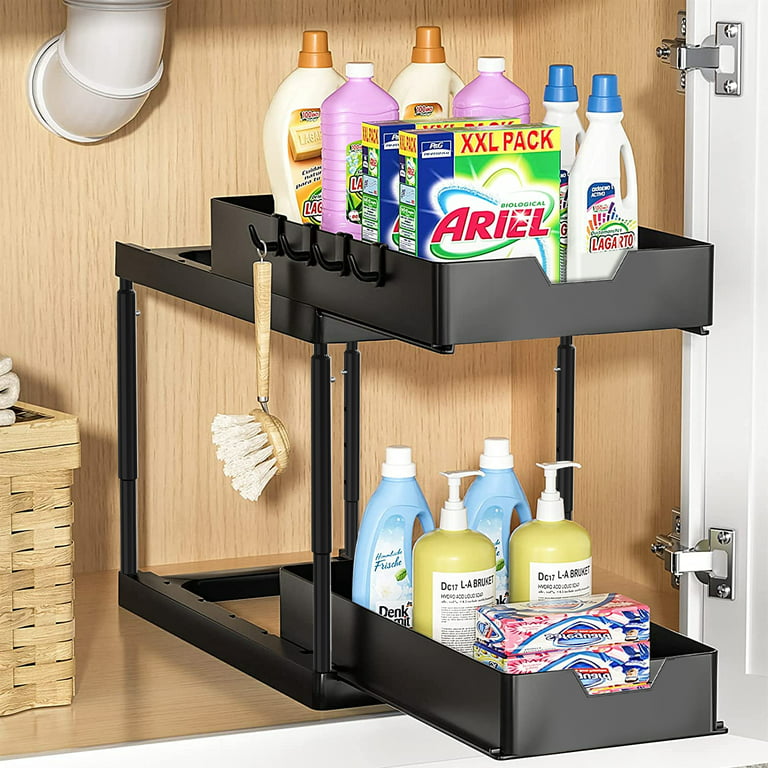 Adjustable Height Under Sink Organizers and Storage, 2 Tier Slide Out Shelf  Under Cabinet Kitchen Storage with 4 Hooks, Pull Out Under Sink Organizer