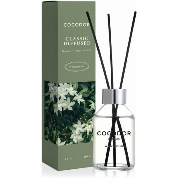 COCODOR Classic Reed Diffuser/White Jasmine/3.4oz(100ml)/1 Pack/Fragrance Scent Essential Oil with Stick Diffuser Set for Home Bathroom Shelf Dcor