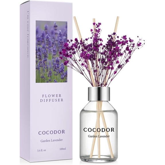 COCODOR Flower Reed Diffuser Set / 3.4oz / Garden Lavender/Scent Diffuser with Sticks Home Fragrance Reed Diffuser for Bathroom Shelf Decor