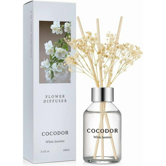 COCODOR Flower Reed Diffuser Set / 3.4oz / White Jasmine/Scent Diffuser with Sticks Home Fragrance Reed Diffuser for Bathroom Shelf Decor