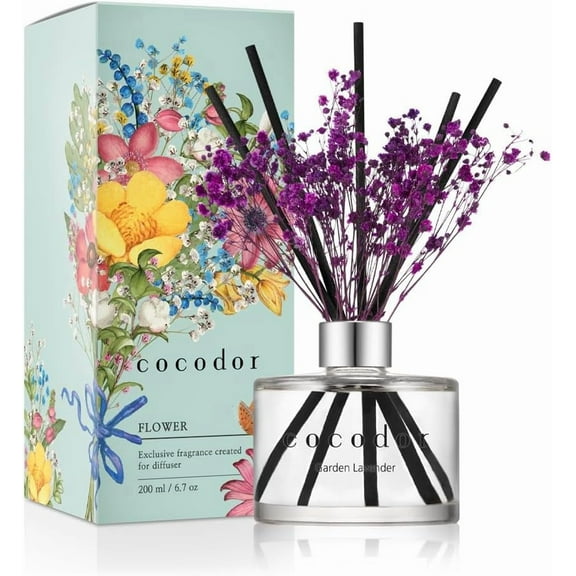 COCODOR Flower Reed Diffuser Set / 6.7oz Garden Lavender/Scent with Sticks Home Fragrance Oil for Bathroom Shelf Decor