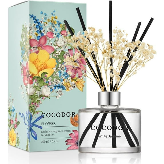 COCODOR Flower Reed Diffuser Set / 6.7oz / White Jasmine/Scent Diffuser with Sticks Home Fragrance Reed Diffuser for Bathroom Shelf Decor