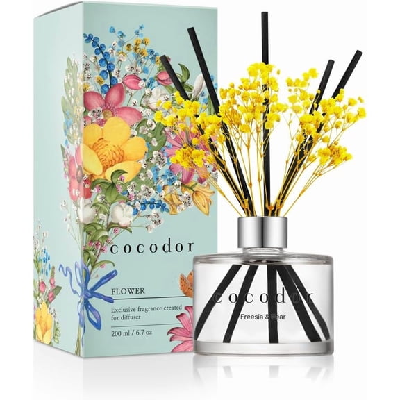 COCODOR Preserved Flower Reed Diffuser/Freesia&Pear/6.7oz/1Pack / Home Fragrance Scent Essential Oil Stick Diffuser for Bedroom Bathroom Decor