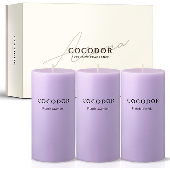 COCODOR Scented Pillar Candles, 3x6 Inch, French Lavender, Candle Set of 3, Long Buring 85 Hours, Candles for Weddings, Party, Dinner, Home Decor.