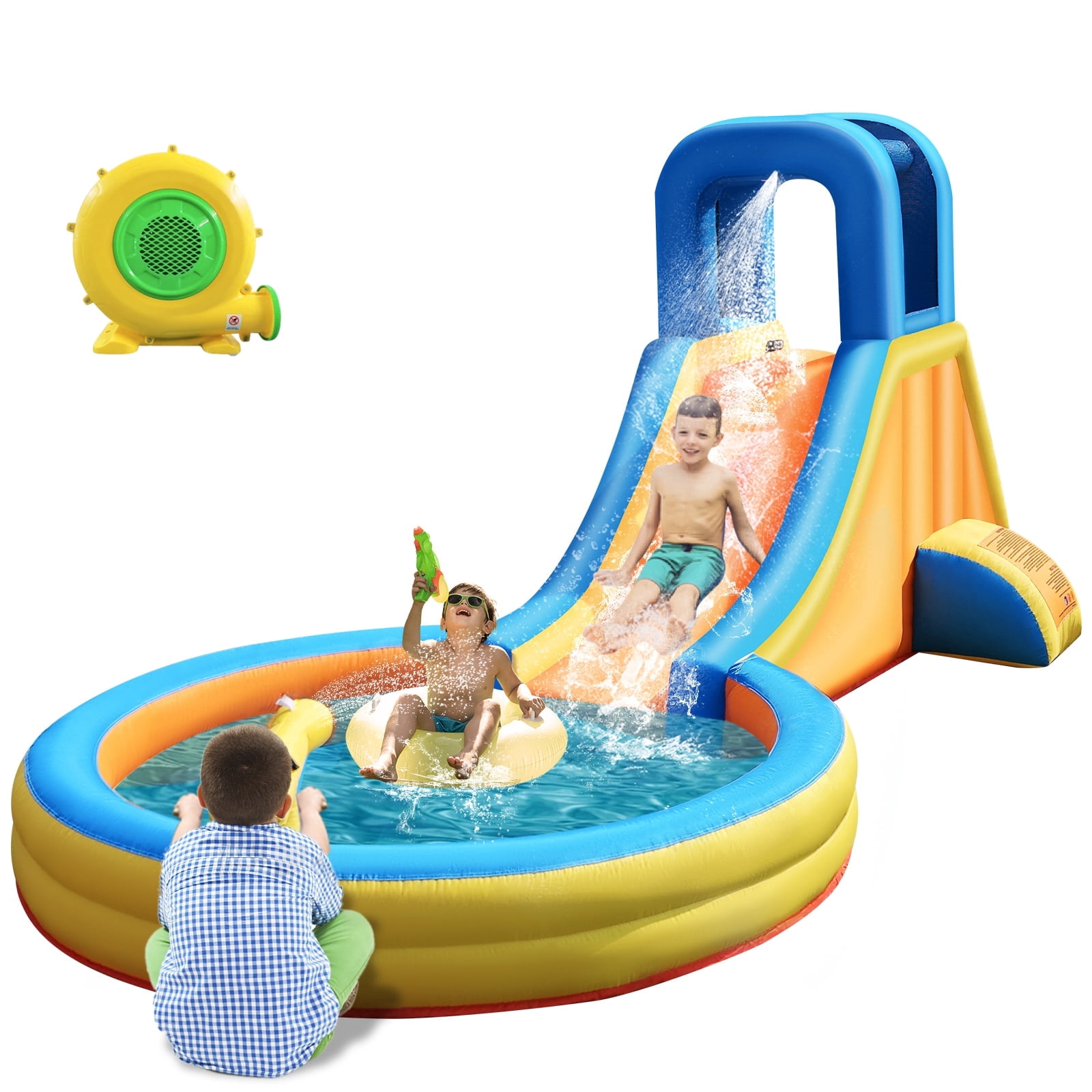 COCOFISH 5-in-1 Kids Water Slide Bounce House for Indoor/Outdoor, with Slide, Climbing Wall, Splash Pool, Water Cannon & Blower