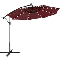 COCOKUN 10FT Solar Offset Umbrella with 32 LED Lights Cantilever Hanging Outdoor Umbrellas Handy Crank & Cross Base for Lawn/Deck/Backyard/Pool Burgundy