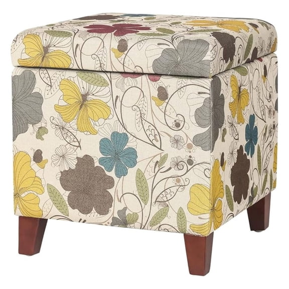 COCOKUN 18 Inch High Cube Ottoman Storage, Floral Printed Linen Chair Foot Stools, Upholstered Vanity Stool with Hinged Lid, Solid Wood Legs