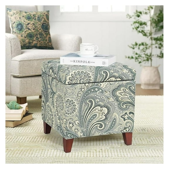 COCOKUN 18 Inch High Cube Ottoman Storage, Paisley Linen Chair Foot Stools, Upholstered Vanity Stool with Hinged Lid, Solid Wood Legs