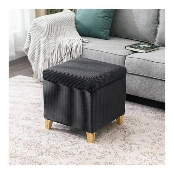 COCOKUN 18 Inch High Faux Fur Grey Cube Ottoman Storage, Fluffy Striped Velvet Chair Foot Stools, Small Bench Upholstered Vanity Stool with Hinged Lid, Solid Wood Legs