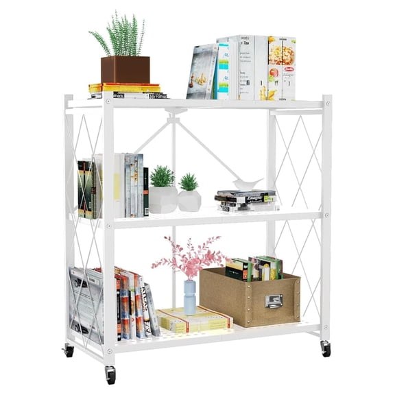 COCOKUN 3-Tier Foldable Storage Shelf with Wheels - Metal Rack Collapsible Shelving Unit Display, Rolling Cart for Books Kitchen Storage Shelves, Pantry & Closet Organizer, Office Room Decor