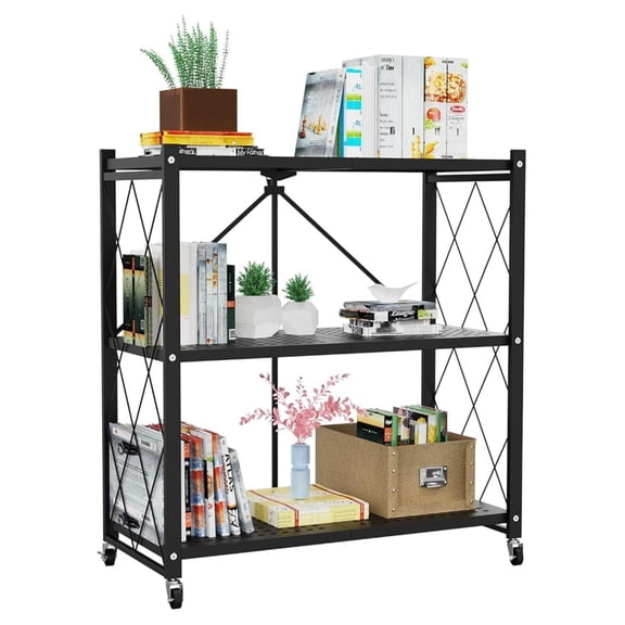COCOKUN 3-Tier Foldable Storage Shelf with Wheels - Metal Rack Collapsible Shelving Unit Display, Rolling Cart for Books Kitchen Storage Shelves, Pantry & Closet Organizer, Office Room Decor