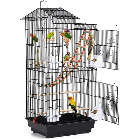 COCOKUN 39-inch Roof Top Large Flight Parrot Bird Cage for Small Quaker Parrot Cockatiel Sun Parakeet Green Cheek Conure Budgie Finch Lovebird Canary Pet Bird Cage w/Toys,Black