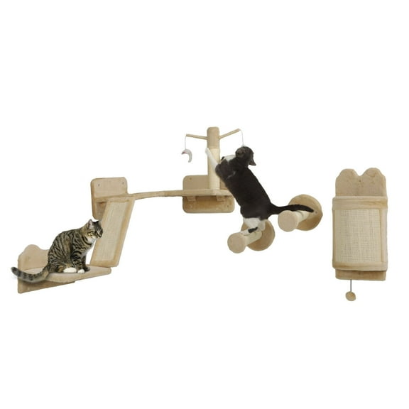 COCOKUN 4-Piece Corner Design Cat Wall Shelves Set, Includes Scratching Post, Scratching Board, Perches, Cat Wands & Toy Ball, Space-Saving Cat Climbing Furniture, Beige