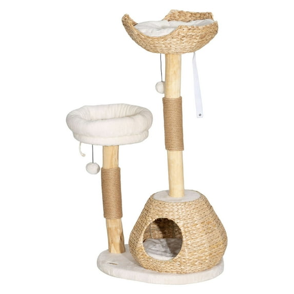 COCOKUN 41" Modern Cat Condo, Indoor Cat Tree with Scratching Posts, Soft Removable Cushions & Toy Balls, Compact Cat Furniture for Play & Rest, Cream White
