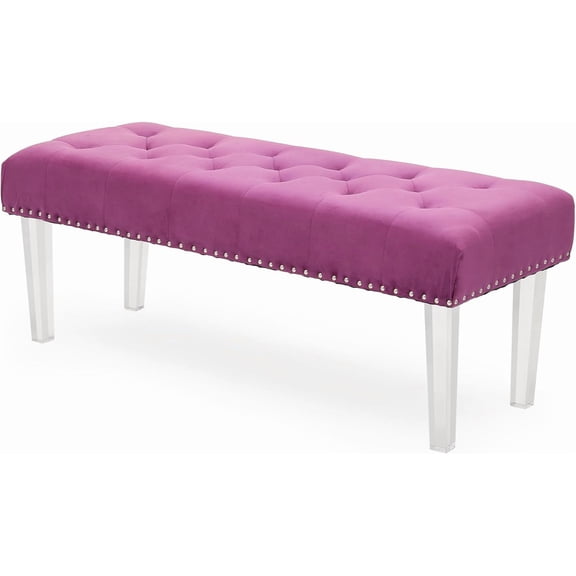 COCOKUN 47 inch Wide Rectangle Ottoman Bench Microfiber Purple Button Tufted Ottoman Seat Footstool Bench Acrylic Crystal Leg Load up to 330 lb for Living Room