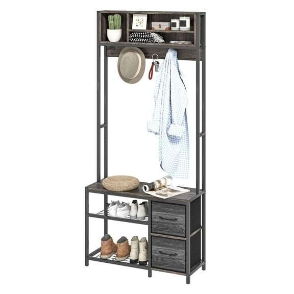 COCOKUN 5-in-1 Hall Tree with Bench and Shoe Storage, Entryway Organizer with Coat Rack, 3 Storage Shelves & 2 Fabric Drawers for Mudroom, Hallway, Living Room, Modern Gray Finish