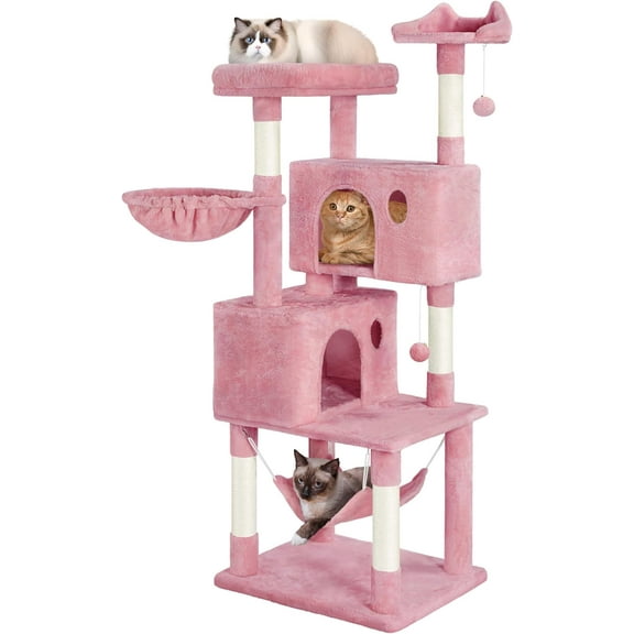 COCOKUN 64.5in Extra Large Multi-Level Cat Tree Kittens Play House Condo with Platform, Perch Hammock & Scratching Posts, Pink, 64.5in