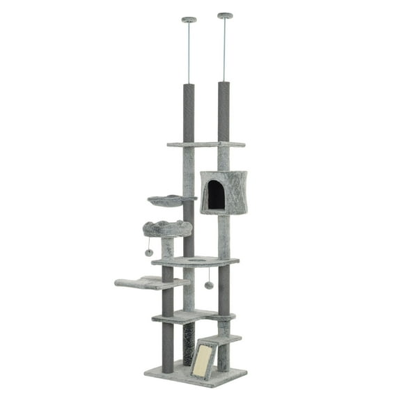 COCOKUN 89"-100" Adjustable Floor to Ceiling Cat Tree, Modern Cat Tower with Hammock, Scratching Posts & Toy Balls, Multi-Level Indoor Cat Activity Center for Adult Cats, Gray