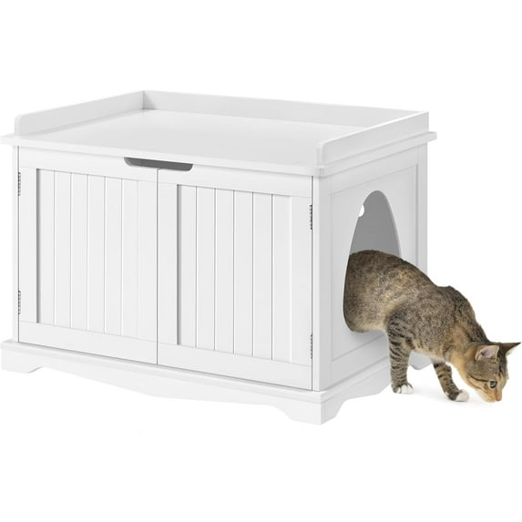COCOKUN Cat Litter Box Enclosure, Hidden Litter Furniture, Cat Washroom, Pet Crate, Decorative Storage Bench Pet Side Table for Large Cat Kitty, White