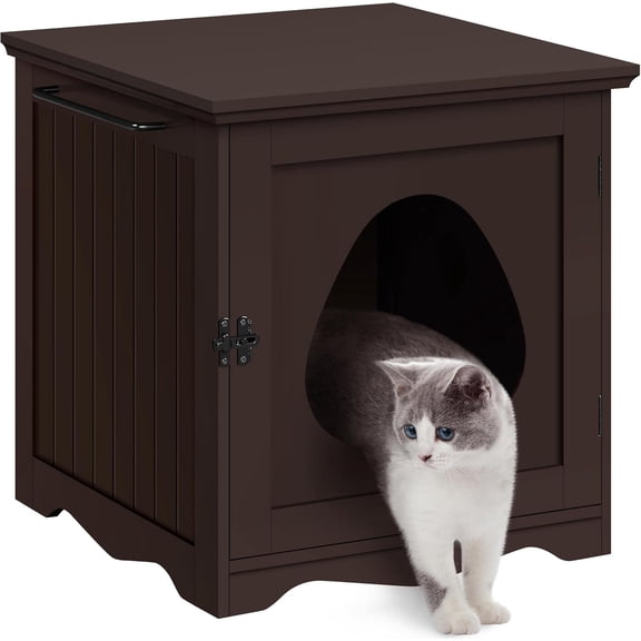 COCOKUN Cat Litter Box Enclosure, Litter Furniture Hidden with Towel Bar, Wooden Kitten Washroom, Dog Proof Litter Box Cabinet, Indoor House, Side End Table, Espresso