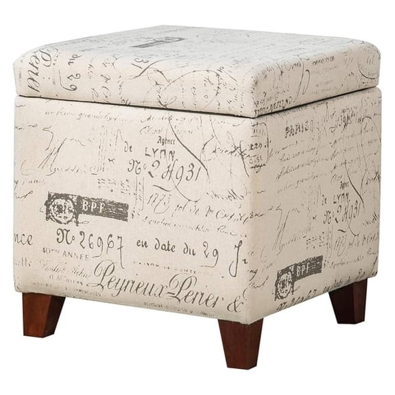 COCOKUN Fabric Script Pattern Cube Storage Footstool, Hinged Lid, Solid Wood Legs, 18" Height Ottomans & Storage Ottomans, Cream White