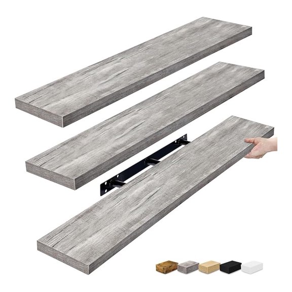COCOKUN Floating Shelves for Wall - 48 Inch Long Bathroom Shelves, Wall Decor for Bedroom, Kitchen, Living Room & Book Storage - Mounted Floating Shelf with Invisible Brackets (Gray, 3 Pack)