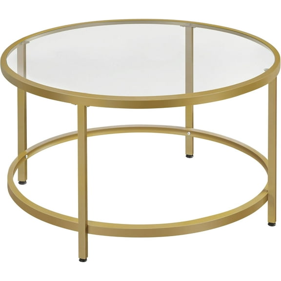 COCOKUN Gold Glass Coffee Table for Living Room, 27.6" Round Glass Coffee Table with Metal Frame, Circle Coffee Table for Home, Office, Apartment