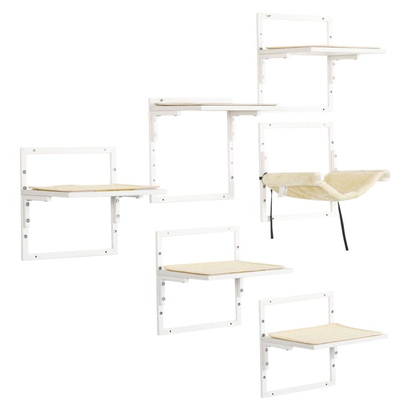 COCOKUN Modern 6-Piece Steel Cat Wall Shelves Set, Adjustable Height Climbing Shelf Activity Center with Platforms for Cats, Wall-Mounted Cat Gym, Cream