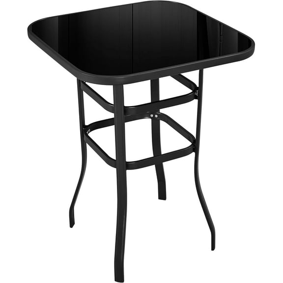 COCOKUN Patio Bar Table Tempered Glass, Height High Top Outdoor Pub Height Bistro Square Glass Side Table for Balcony Backyard Poolside, Black