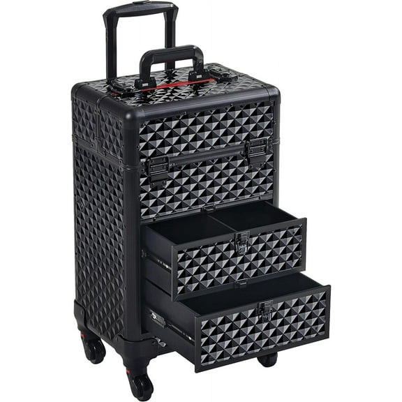 COCOKUN Rolling Makeup Train Case with Drawers Professional Nail Tech Travel Case Cosmetics Storage Organizer Beauty/Nail Art/Hair Styling Travelling Cart Trunk Black
