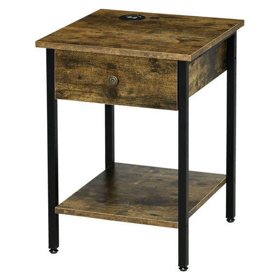 COCOKUN Rustic End Table with Wireless Charging Station & USB Ports, Nightstand with Convenient Tech Features in a Warm Brown Finish