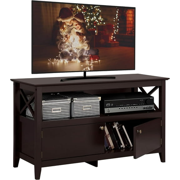 COCOKUN Wooden TV Stand for TVs Up to 48 inch, Media Entertainment Center Table, TV Cabinet Table with Storage Open Shelf & 2 Doors for Living Room, Espresso