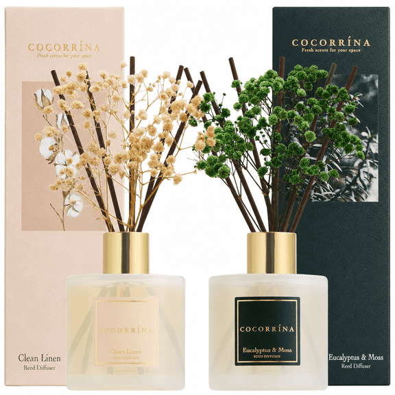 COCORRNA 2-Pack Reed Diffuser Set, 6.7 fl oz Each, Clean Linen / Eucalyptus & Moss, Home Fragrance Decor for Bedroom & Bathroom with Dried Baby's Breath