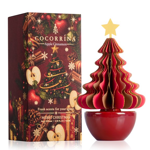 COCORRNA Apple Cinnamon Reed Diffuser, 3.38 fl oz, Paper Christmas Tree Decoration with Red Bottle, Christmas Home Decor, Holiday Gift for Friends and Family