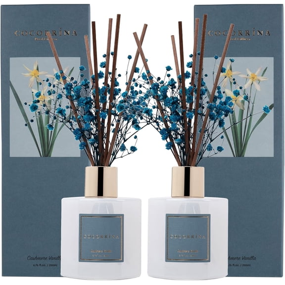 COCORRÍNA Cashmere Vanilla Reed Diffuser Set, 2 Pack, 6.7 fl oz Each, Glass Bottle with Dried Flower, Long Lasting Fragrance for Home Bedroom Bathroom Office Decor, Perfect for Gifting