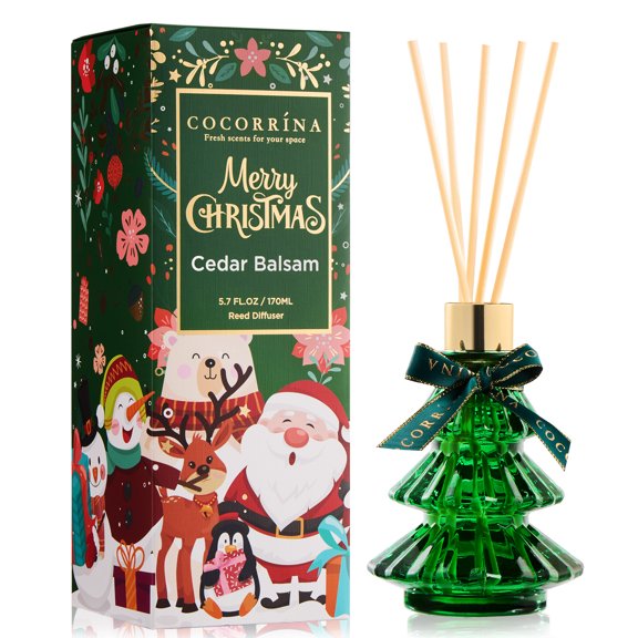 COCORRNA Cedar Balsam Reed Diffuser, 5.7 fl oz Green Christmas Tree with Bow, Holiday Home Decor, Christmas Gift for Friends and Family