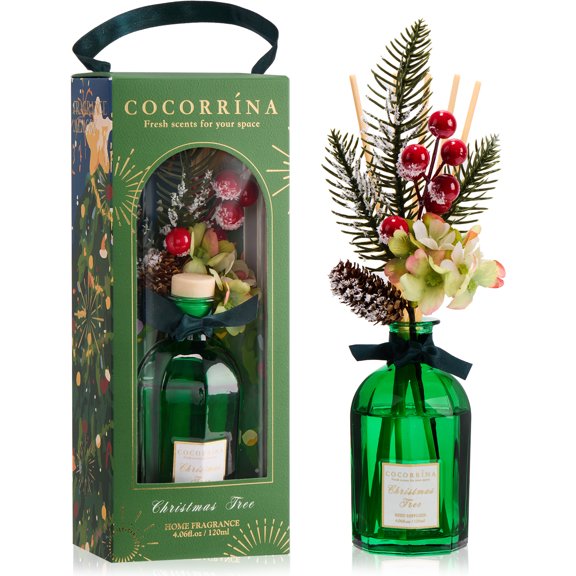 COCORRNA Christmas Tree Reed Diffuser, 4.06 fl oz, Green Glass Bottle with Artificial Flowers, Long-Lasting Home Fragrance, Holiday Gift for Family and Friends