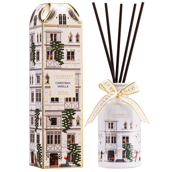 COCORRNA Christmas Vanilla Reed Diffuser, 6.76 fl oz White Christmas House Gift Box, Holiday Home Decor, Christmas Gift for Friends and Family